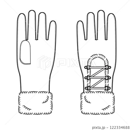 Igloo Fur Gloves Wrist length Fashion hand accessory clothing technical illustration garment. Vector front palm view Igloo Fur Gloves Wrist length Fashion hand accessory clothing technical illustration garment. Vector front palm view 122334688