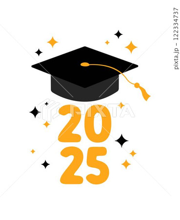 Graduation 2025 vector illustration. Graduate greeting card, poster. Black colored academic cap and golden 2025 numbers on white background. Mortarboard graduate symbol 122334737