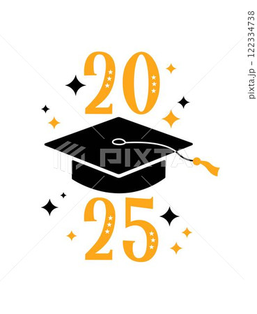 2025 Graduation print, greeting card, poster. Vector flat illustration. Black color academic cap and golden 2025 numbers on white background. Mortarboard graduate symbol 122334738