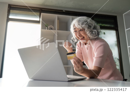 Excited elderly woman celebrating her online shopping success with a credit card in her stylish home office Excited elderly woman celebrating her online shopping success with a credit card in her stylish home office 122335417