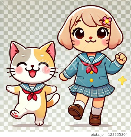 制服を着て歩いてる猫と犬 制服を着て歩いてる猫と犬 122335804