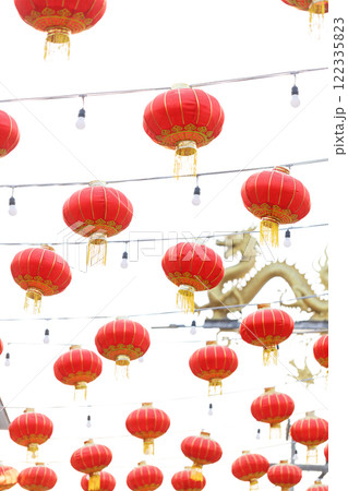 Lunar or Chinese new year lanterns decorated against dragon shape lamp post 122335823