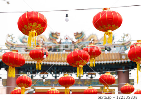 Lunar or Chinese new year lanterns decorated around temple, Thailand. Lunar or Chinese new year lanterns decorated around temple, Thailand. 122335838