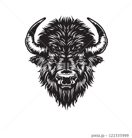 Detailed black-and-white bison head illustration in a bold, vintage style. Ideal for tattoo designs, logos, engraving, or rustic-themed art projects. Wildlife Animals. 122335999