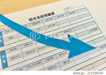下がる矢印と給与明細 122336282