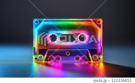 レインボーネオン輝くカセットテープがグレーのテーブルに置かれた未来的でポップなデザイン写真 レインボーネオン輝くカセットテープがグレーのテーブルに置かれた未来的でポップなデザイン写真 122336851