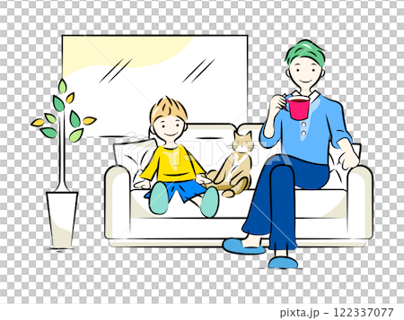 リビングのソファでくつろぐ親子(パパ,子ども,猫)｜家族シリーズ 122337077