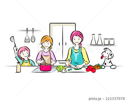キッチンで一緒に料理をつくる親子(ママ,娘,犬)|家族シリーズ キッチンで一緒に料理をつくる親子(ママ,娘,犬)|家族シリーズ 122337078