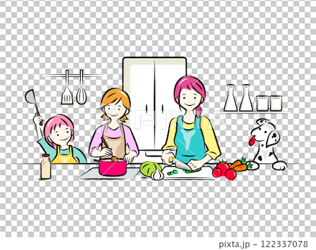 キッチンで一緒に料理をつくる親子(ママ,娘,犬)|家族シリーズ キッチンで一緒に料理をつくる親子(ママ,娘,犬)|家族シリーズ 122337078