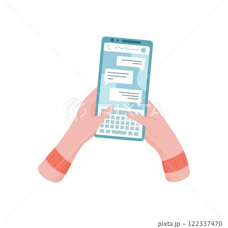 Hand holds a smartphone displaying chat application. User interacts with a mobile device to send messages. Digital communication device showcases online screen for social media, various usages. 122337470