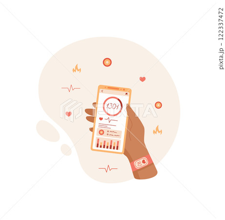 Hand holds a phone displaying a fitness app. A user interacts with digital application focused on health data. Mobile device showcases tracking metrics, digital interface, and potential usage in 122337472
