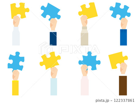 パズルを持った手のイラストセット パズルを持った手のイラストセット 122337861