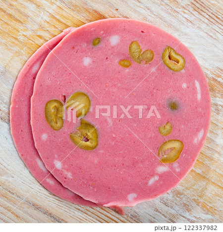 Image of mortadela sausage with olives cut in slices 122337982