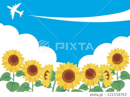 夏　ひまわり　飛行機　青空　向日葵　ヒマワリ　手描き　フレーム　テンプレート　背景　イラスト素材 122338763