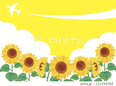 夏　ひまわり　飛行機　空　向日葵　ヒマワリ　手描き　フレーム　テンプレート　背景　イラスト素材 122338764