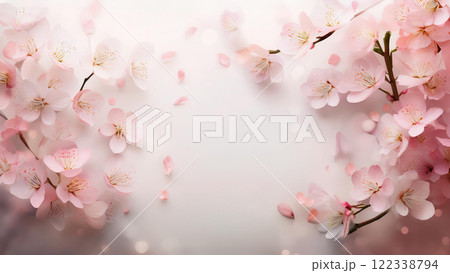 桜の小枝と花びらのシンプルな白の背景フレーム 122338794