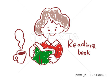 コーヒーを飲みながら本を読む女性のゆるいイラスト コーヒーを飲みながら本を読む女性のゆるいイラスト 122338828