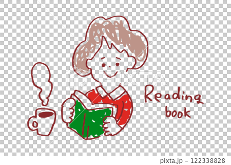 コーヒーを飲みながら本を読む女性のゆるいイラスト コーヒーを飲みながら本を読む女性のゆるいイラスト 122338828
