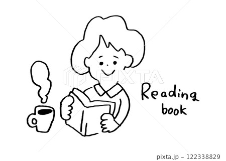 コーヒーを飲みながら本を読む女性のゆるいイラスト 122338829