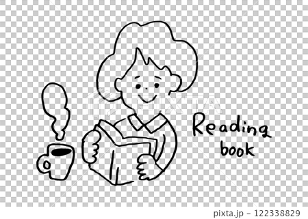 コーヒーを飲みながら本を読む女性のゆるいイラスト 122338829