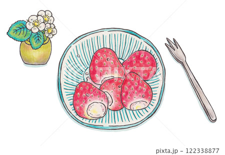 お皿にもられたいちごとイチゴの花のイラストのイラスト素材