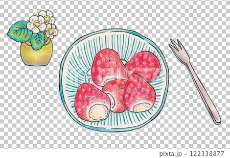 お皿にもられたいちごとイチゴの花のイラストのイラスト素材