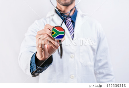 South Africa Healthcare System, Doctor holding stethoscope. South Africa health and medical insurance concept 122339318