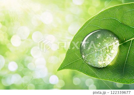 A macro shot of a water droplet resting on a vibrant green leaf, showcasing intense reflections 122339677
