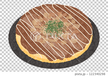 Hand-drawn vector illustration of okonomiyaki on a plate 122340298
