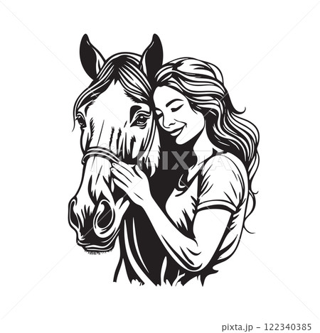 Vector of woman with long hair embracing horse head, black and white portrait illustration of equestrian love, Farm animals. 122340385