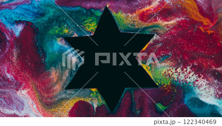 Ink star. Paint flow sparkle. Defocused crimson green multicolor black shape frame texture blend on abstract art marble background. Ink star. Paint flow sparkle. Defocused crimson green multicolor black shape frame texture blend on abstract art marble background. 122340469