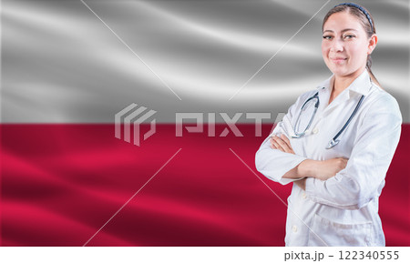 Female doctor on Poland flag. Doctor with crossed arms on Poland flag. Poland Health and Care concept 122340555
