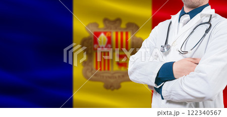 Andorra Health Care concept. Male doctor on Andorra flag. Doctor with crossed arms on Andorra flag Andorra Health Care concept. Male doctor on Andorra flag. Doctor with crossed arms on Andorra flag 122340567