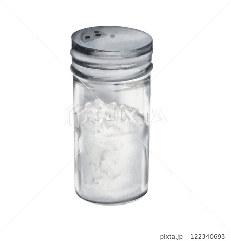 salt in a glass jar with a metal lid and dispenser. Watercolor illustration isolated from background. Packaged food and spice additive. Universal image for menus and packaging. salt in a glass jar with a metal lid and dispenser. Watercolor illustration isolated from background. Packaged food and spice additive. Universal image for menus and packaging. 122340693