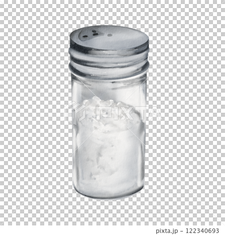 salt in a glass jar with a metal lid and dispenser. Watercolor illustration isolated from background. Packaged food and spice additive. Universal image for menus and packaging.  122340693