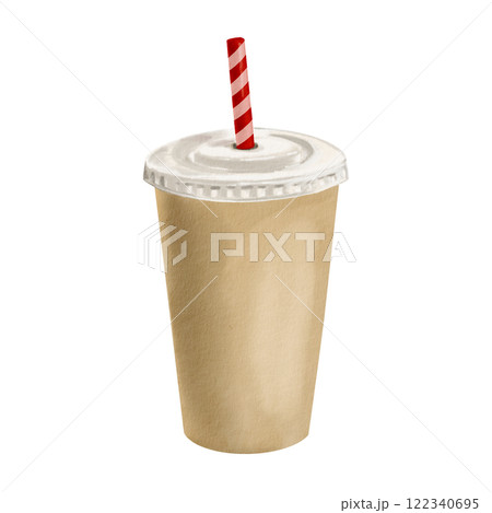 Disposable paper cup with a plastic lid and a long bent straw. fastwood glass. Disposable tableware. A universal neutral color. Watercolor illustration. Isolated from the background. 122340695