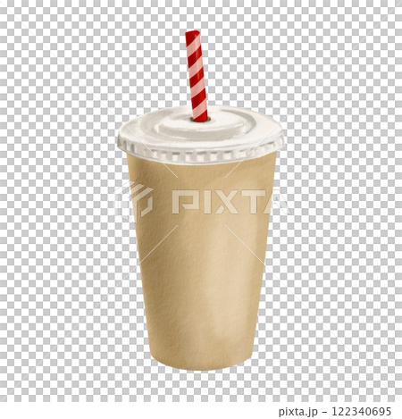 Disposable paper cup with a plastic lid and a long bent straw. fastwood glass. Disposable tableware. A universal neutral color. Watercolor illustration. Isolated from the background. 122340695