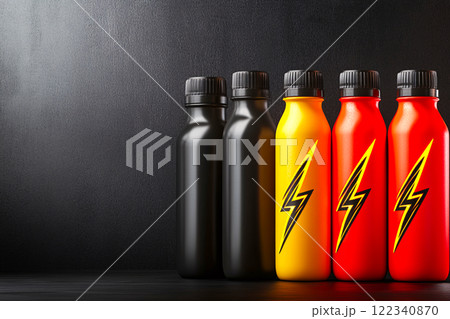 Vibrant sports drink with a bold lightning effect, symbolizing a quick energy boost and increased Vibrant sports drink with a bold lightning effect, symbolizing a quick energy boost and increased 122340870