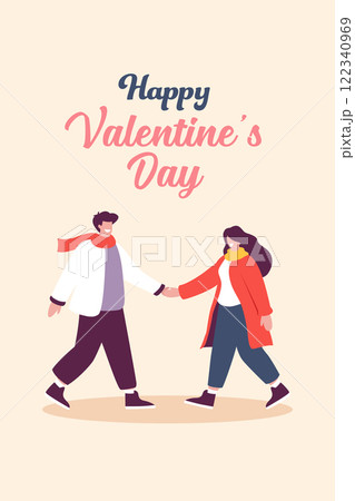 man and woman in warm winter clothes valentines day poster. Flat cartoon 122340969
