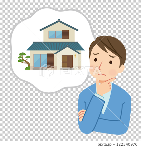 実家の管理に悩む男性　家の相続について悩む男性 122340970