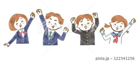 ガッツポーズしている制服を着た中高生男女4人の上半身イラストセット ガッツポーズしている制服を着た中高生男女4人の上半身イラストセット 122341256