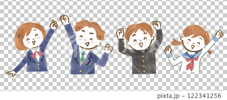 ガッツポーズしている制服を着た中高生男女4人の上半身イラストセット ガッツポーズしている制服を着た中高生男女4人の上半身イラストセット 122341256