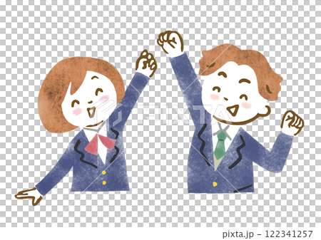 Illustration of male and female junior and senior high school students wearing uniforms (blazers) making a fist pump Illustration of male and female junior and senior high school students wearing uniforms (blazers) making a fist pump 122341257