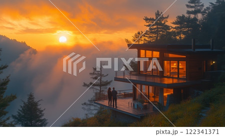 Scenic view of modern eco-house at sunrise 122341371