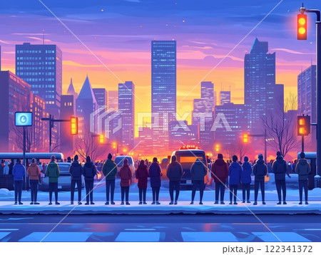 Crowd facing city skyline at sunrise in winter 122341372
