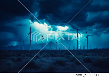 Intense lightning storm over wind turbines in desert Intense lightning storm over wind turbines in desert 122341390