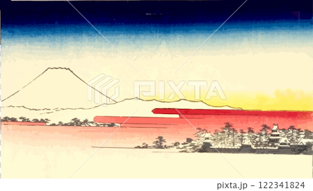 Snowy Mount Fuji and castle town 122341824