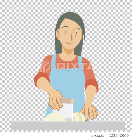 A woman cutting bread dough with a scraper 122342009