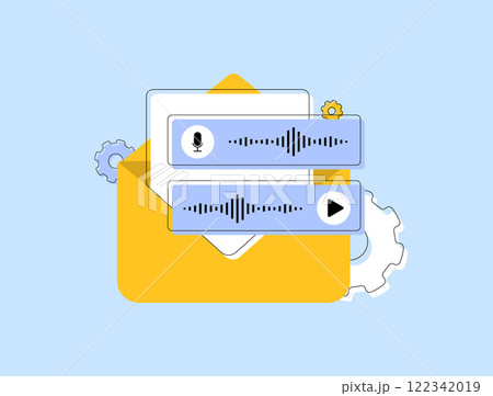 Voice message notification e-mail concept with yellow envelope, audio waveforms and gear symbols. Email communication, audio messages, voice notes, modern correspondence, digital e-mail notifications Voice message notification e-mail concept with yellow envelope, audio waveforms and gear symbols. Email communication, audio messages, voice notes, modern correspondence, digital e-mail notifications 122342019