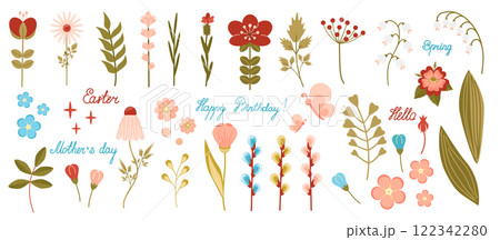 A floral set of flowers, leaves and inscriptions. Botanical vector illustration A floral set of flowers, leaves and inscriptions. Botanical vector illustration 122342280